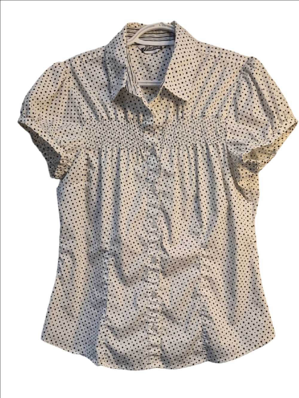 Midtown White Black Polka Dot Button Front Shirt Large